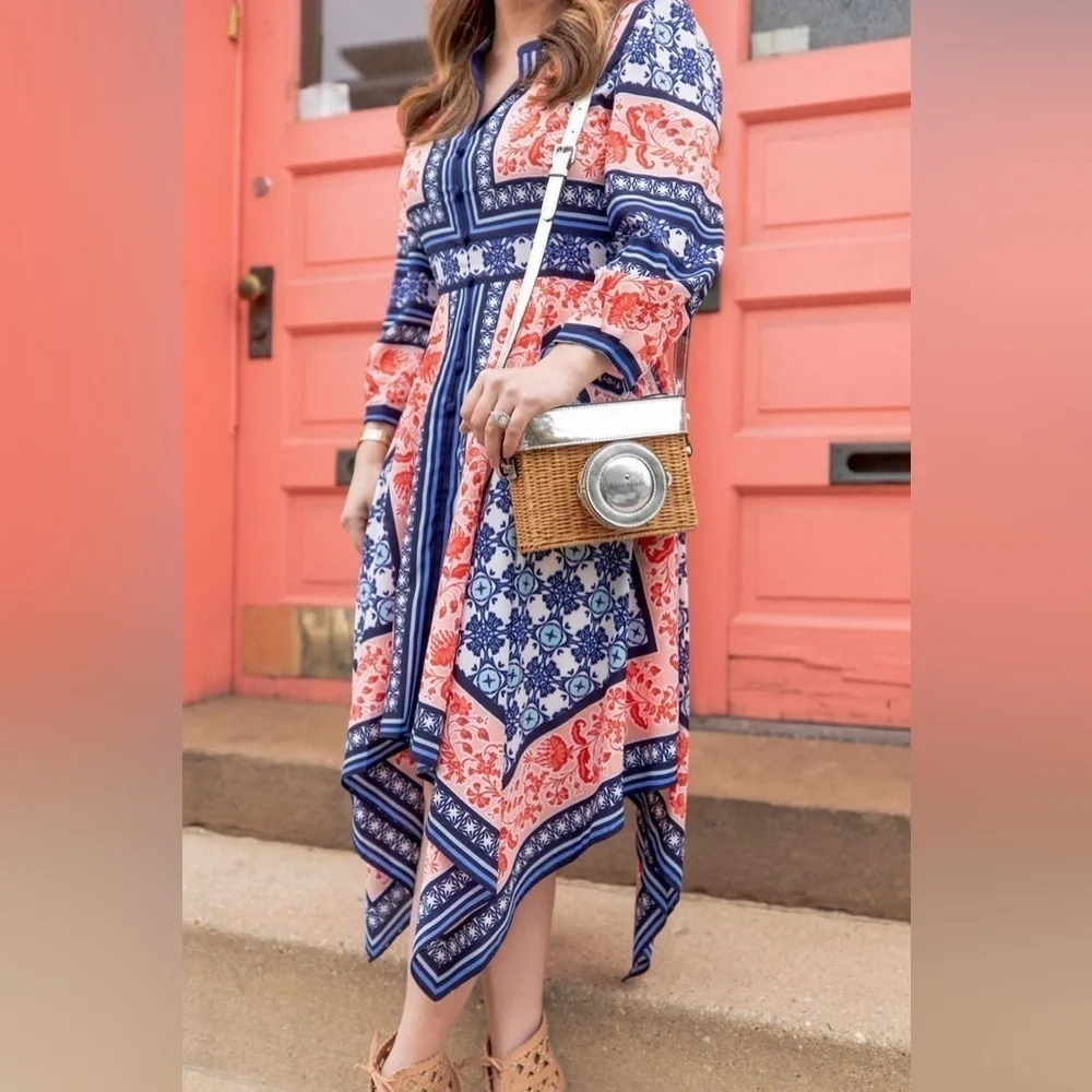 ELIZA J Women’s Bandana Print Handkerchief Dress Navy Orange Boho Coastal Size 6 - Picture 3 of 12